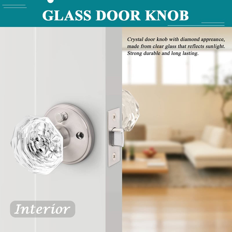 Orger 5 Pack Privacy Door Knobs  Clear Glass Door Handles with Satin Nickel Finish  Crystal Interior Door Handles for Bed/Bathroom  Zinc Alloy Round Rosette - Image 4